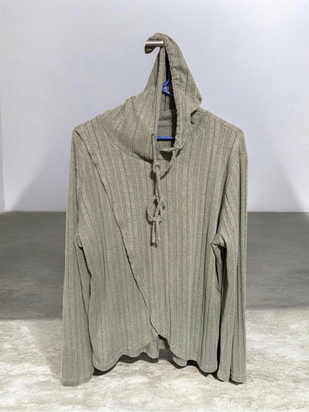 Women's Hooded Ribbed Pullover LightweightTop with Split Front- Light Olive